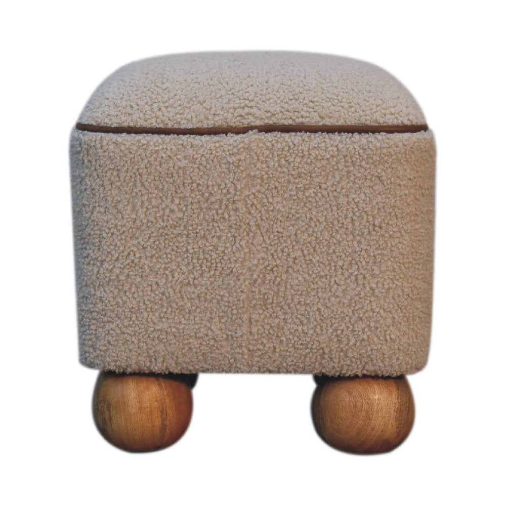 15" Beige And Brown Boucle And Genuine Leather Footstool