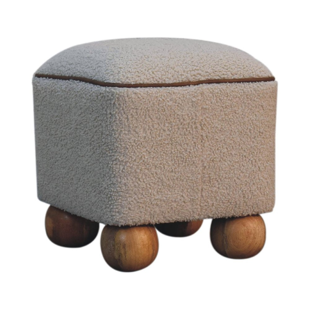15" Beige And Brown Boucle And Genuine Leather Footstool