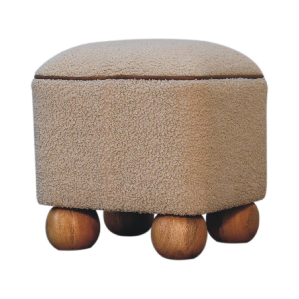 15" Beige And Brown Boucle And Genuine Leather Footstool