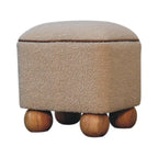 15" Beige And Brown Boucle And Genuine Leather Footstool
