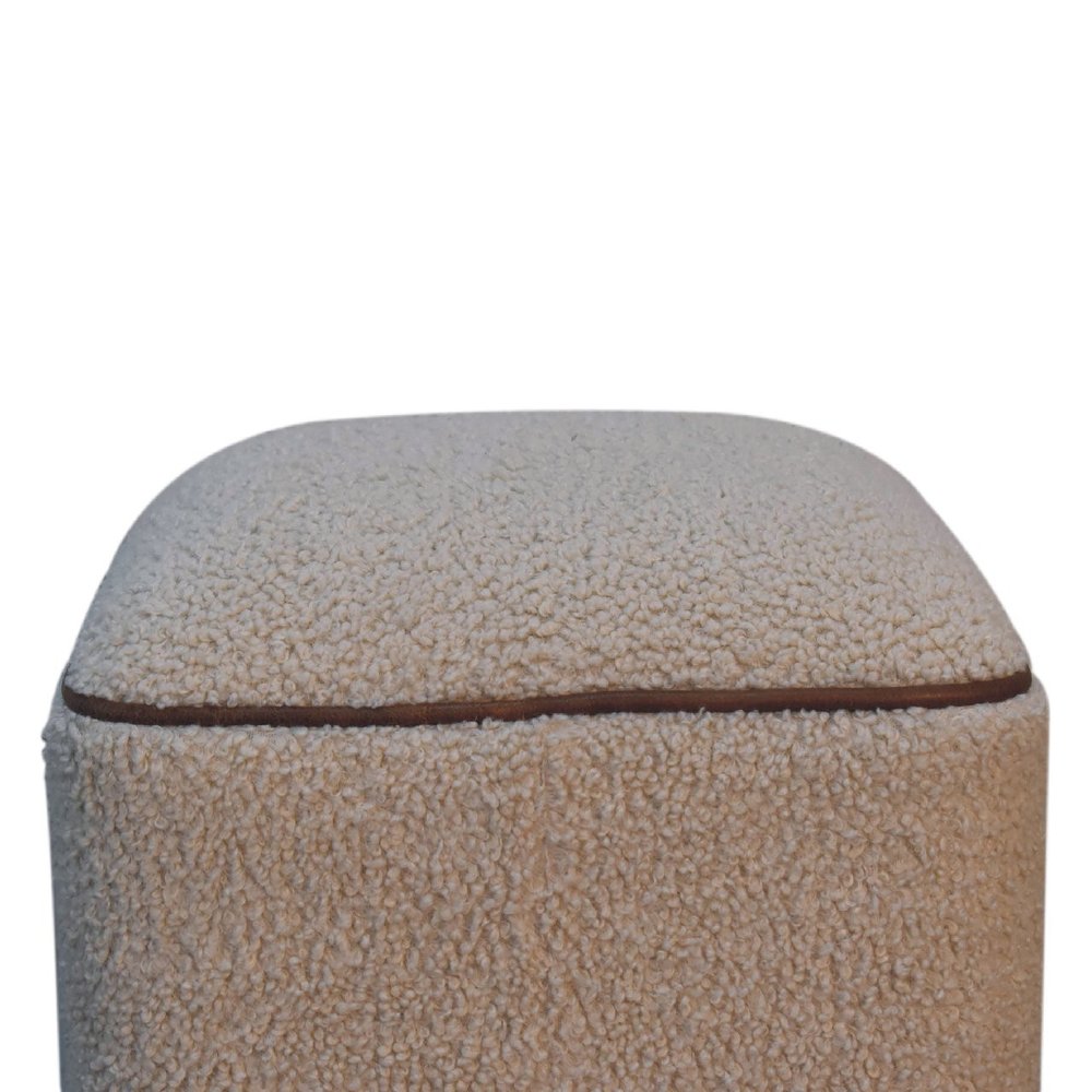 15" Beige And Brown Boucle And Genuine Leather Footstool