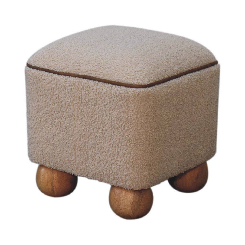 15" Beige And Brown Boucle And Genuine Leather Footstool