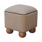 15" Beige And Brown Boucle And Genuine Leather Footstool