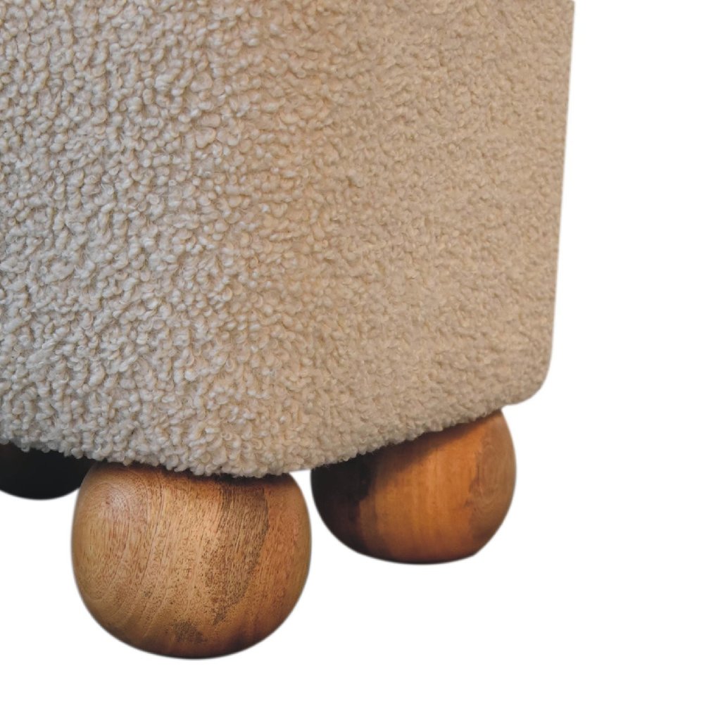 15" Beige And Brown Boucle And Genuine Leather Footstool