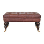 35" Brown And Brass Rolling Genuine Leather Tufted Ottoman