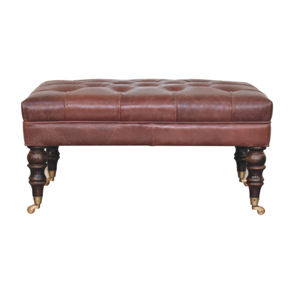 35" Brown And Brass Rolling Genuine Leather Tufted Ottoman