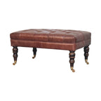 35" Brown And Brass Rolling Genuine Leather Tufted Ottoman