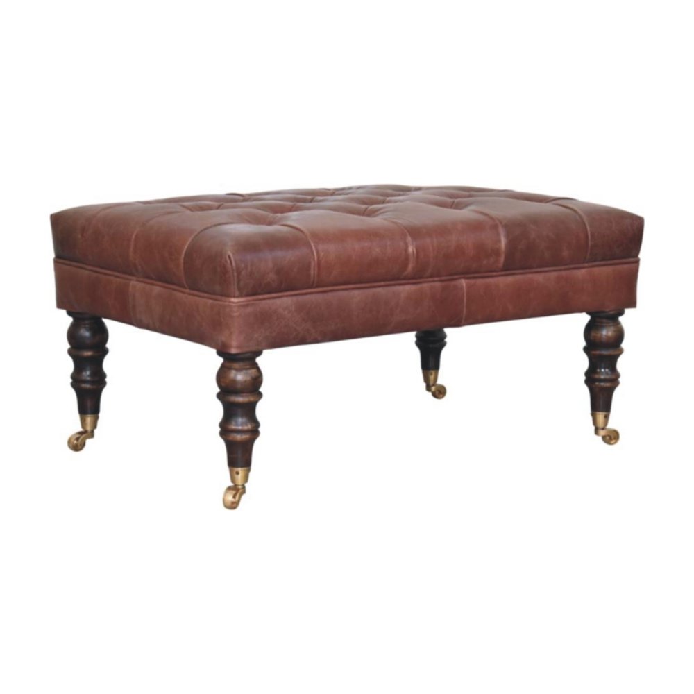 35" Brown And Brass Rolling Genuine Leather Tufted Ottoman