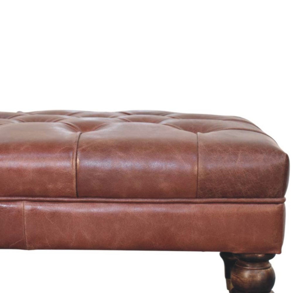 35" Brown And Brass Rolling Genuine Leather Tufted Ottoman