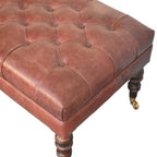 35" Brown And Brass Rolling Genuine Leather Tufted Ottoman