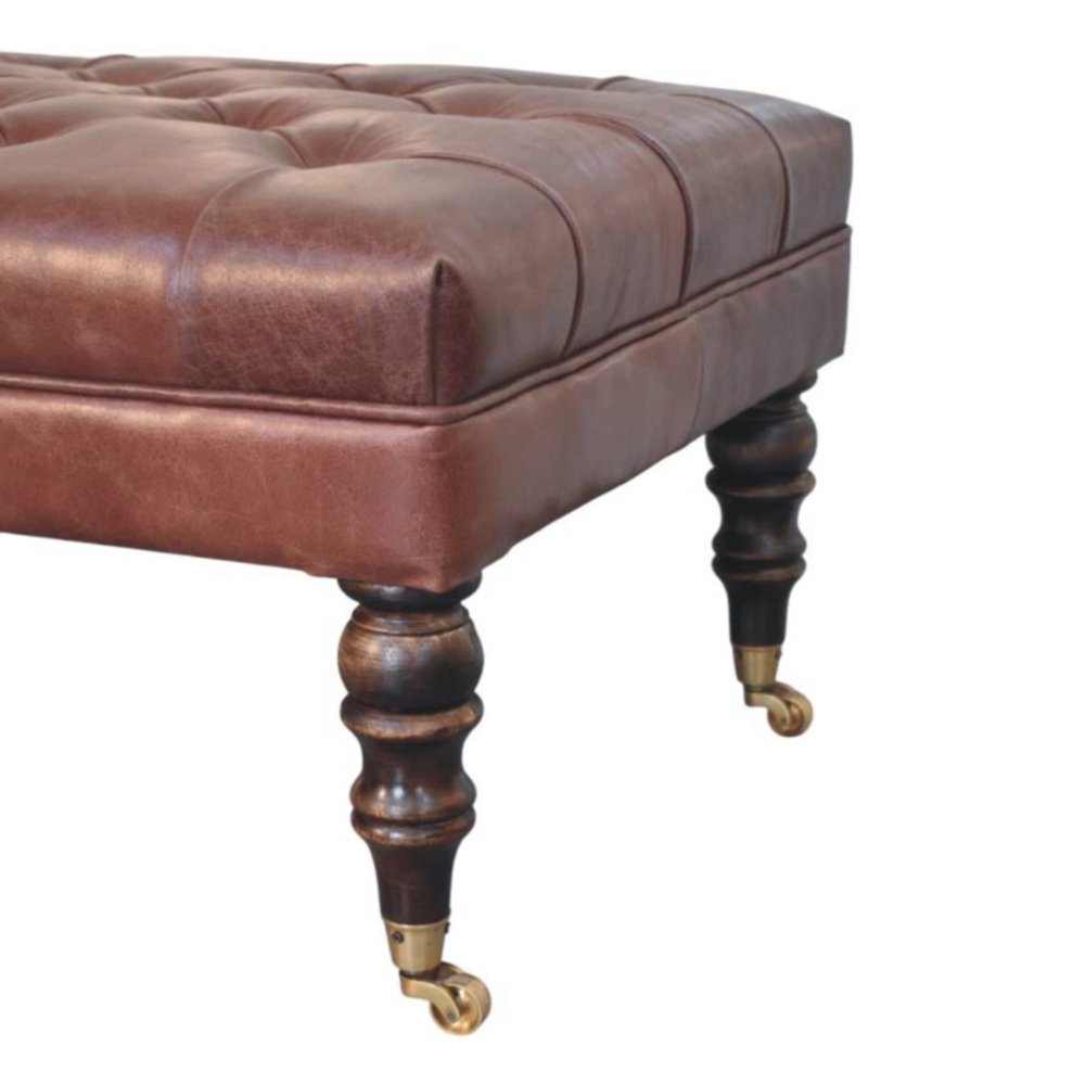 35" Brown And Brass Rolling Genuine Leather Tufted Ottoman