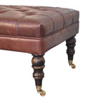 35" Brown And Brass Rolling Genuine Leather Tufted Ottoman
