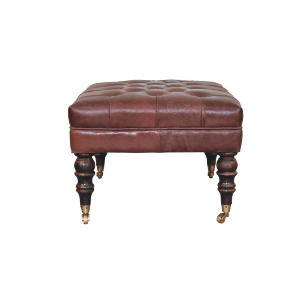 35" Brown And Brass Rolling Genuine Leather Tufted Ottoman