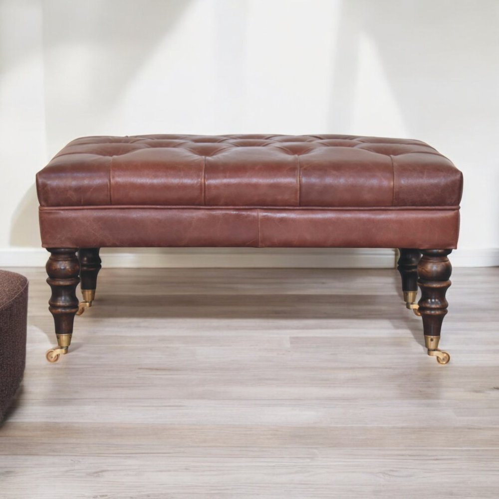35" Brown And Brass Rolling Genuine Leather Tufted Ottoman