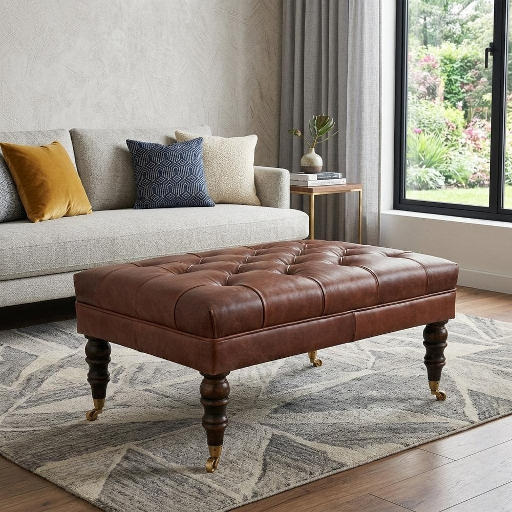 35" Brown And Brass Rolling Genuine Leather Tufted Ottoman