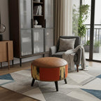18" Brown Fabric And Genuine Leather Round Footstool