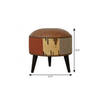 18" Brown Fabric And Genuine Leather Round Footstool