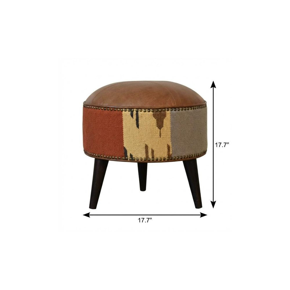 18" Brown Fabric And Genuine Leather Round Footstool