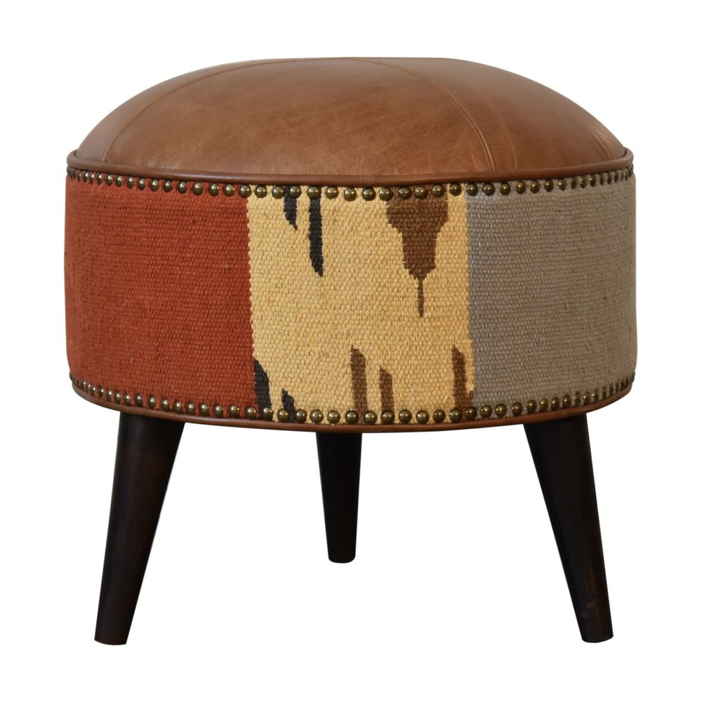 18" Brown Fabric And Genuine Leather Round Footstool