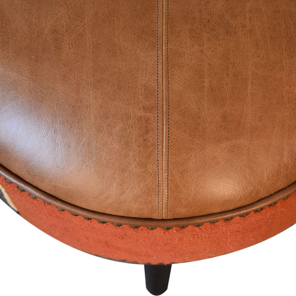 18" Brown Fabric And Genuine Leather Round Footstool