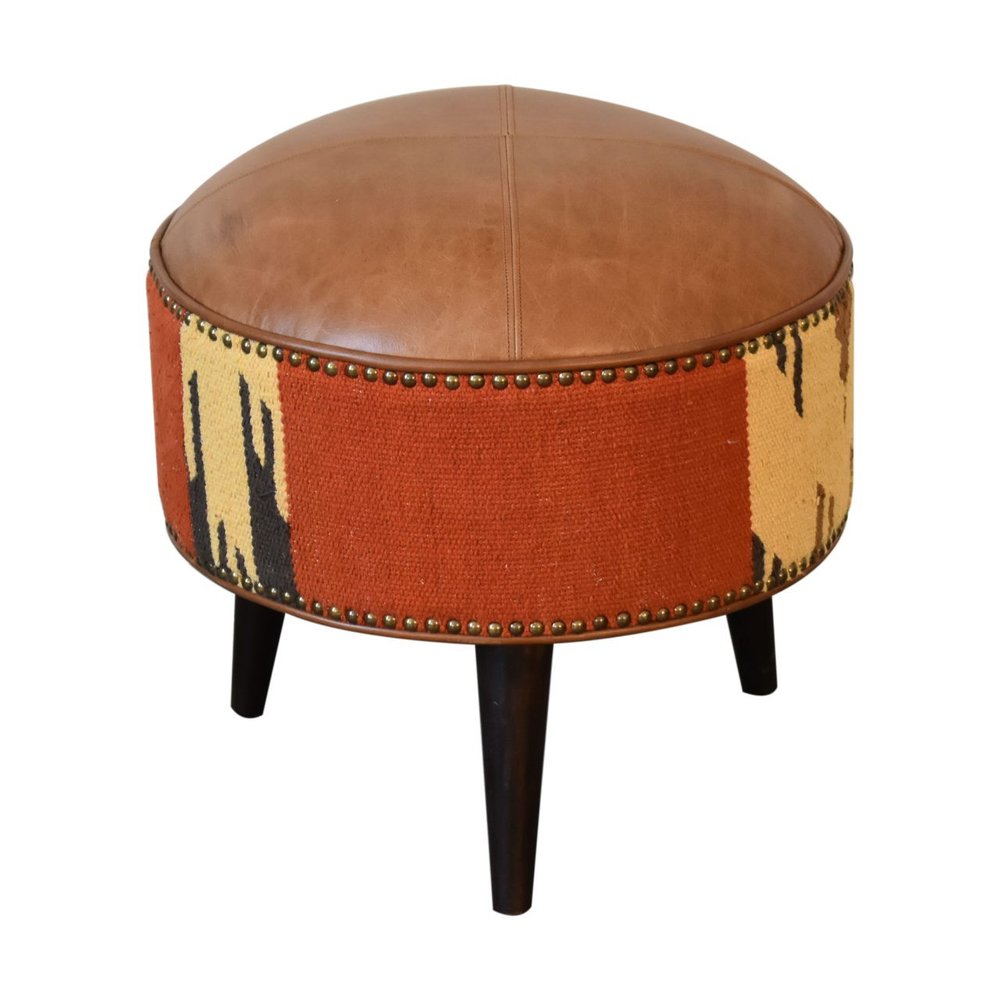 18" Brown Fabric And Genuine Leather Round Footstool