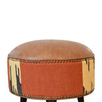 18" Brown Fabric And Genuine Leather Round Footstool