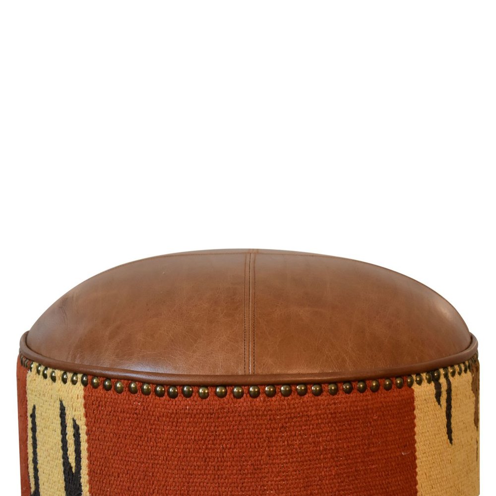 18" Brown Fabric And Genuine Leather Round Footstool