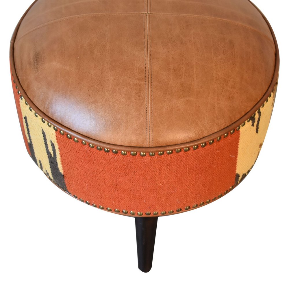 18" Brown Fabric And Genuine Leather Round Footstool