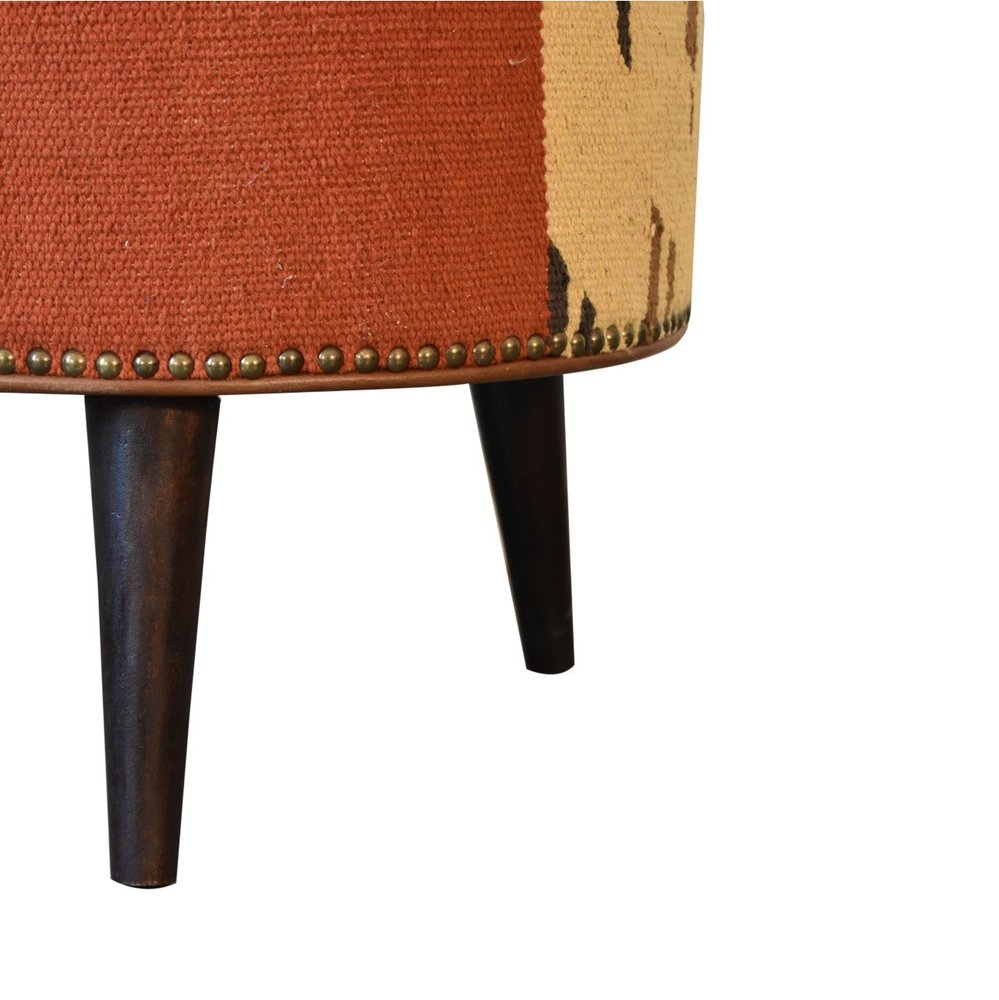18" Brown Fabric And Genuine Leather Round Footstool