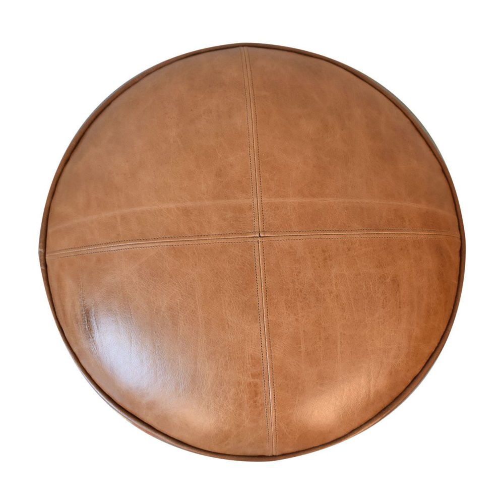 18" Brown Fabric And Genuine Leather Round Footstool