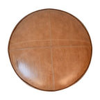 18" Brown Fabric And Genuine Leather Round Footstool