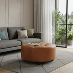 32" Brown Genuine Leather Tufted Round Cocktail Ottoman