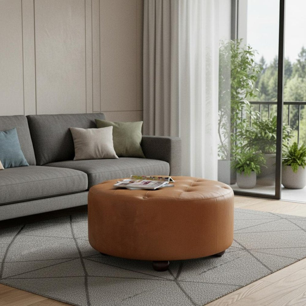 32" Brown Genuine Leather Tufted Round Cocktail Ottoman