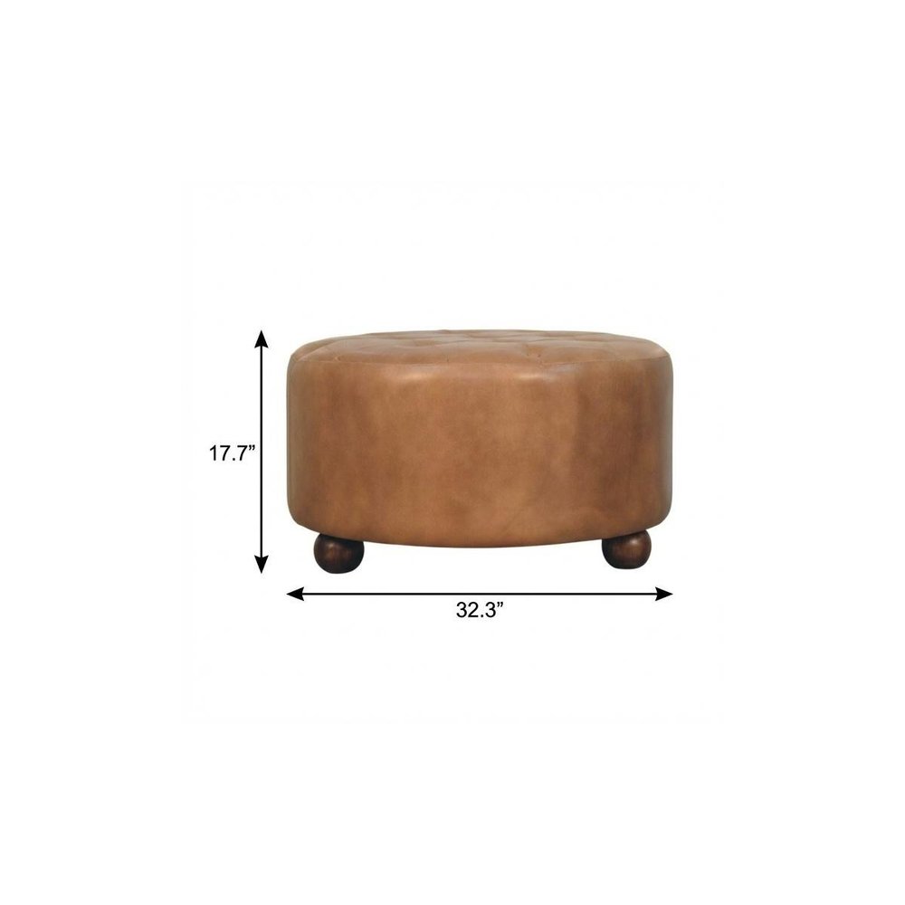 32" Brown Genuine Leather Tufted Round Cocktail Ottoman