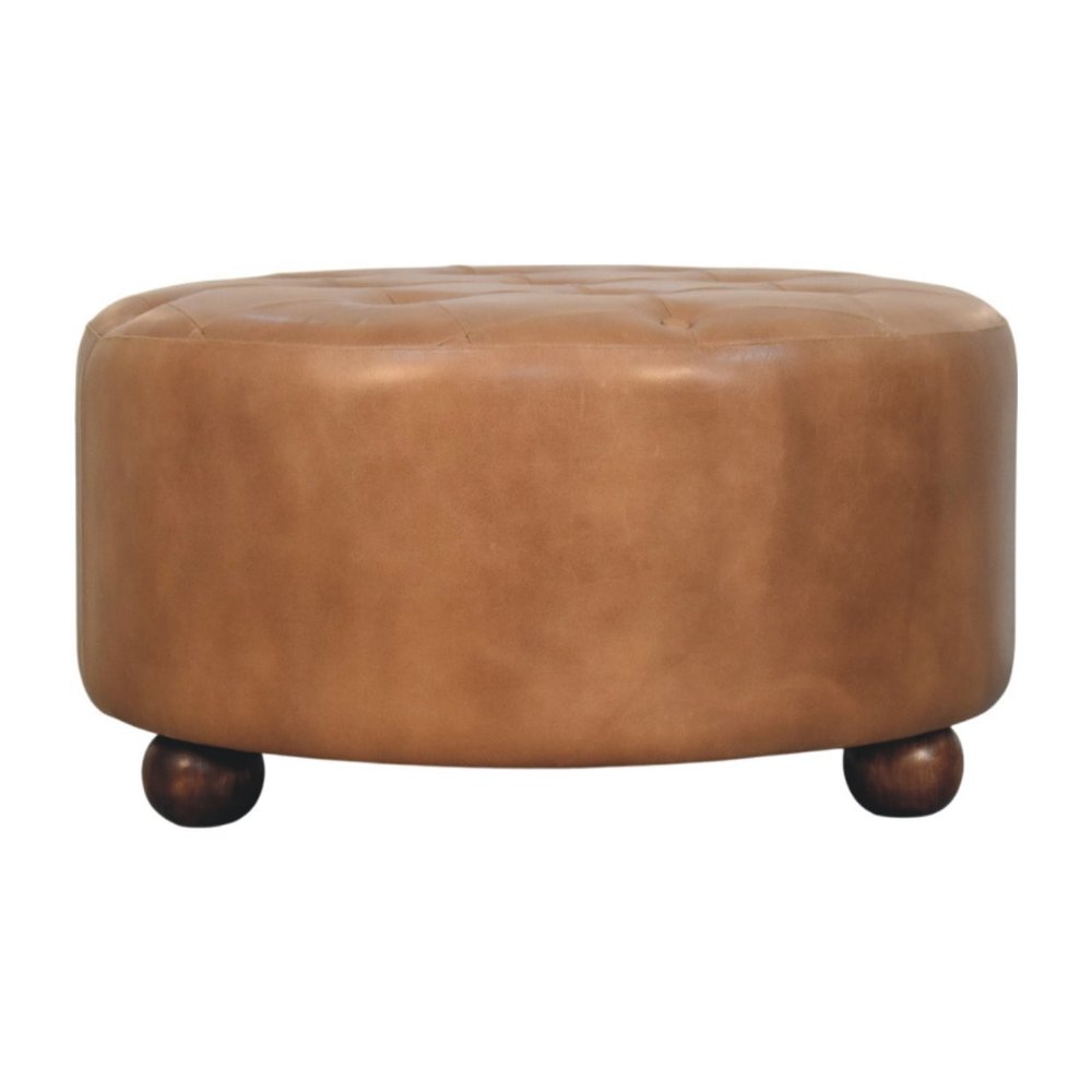 32" Brown Genuine Leather Tufted Round Cocktail Ottoman