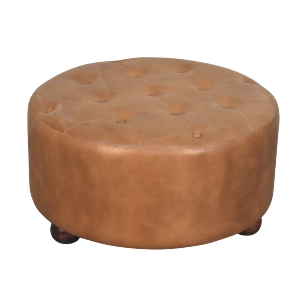 32" Brown Genuine Leather Tufted Round Cocktail Ottoman