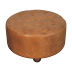 32" Brown Genuine Leather Tufted Round Cocktail Ottoman