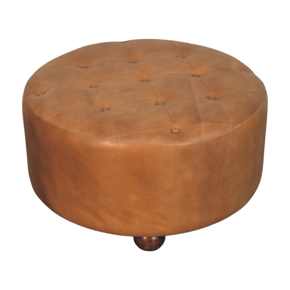 32" Brown Genuine Leather Tufted Round Cocktail Ottoman