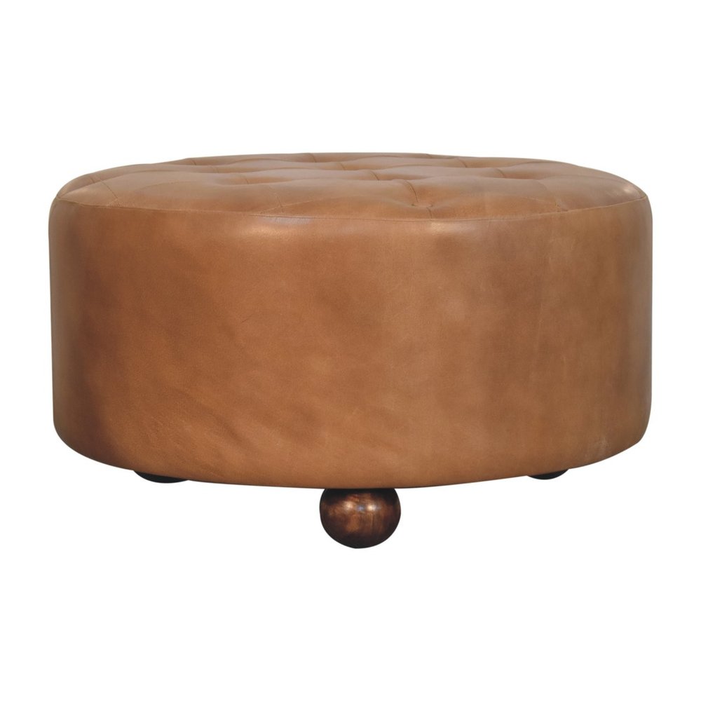 32" Brown Genuine Leather Tufted Round Cocktail Ottoman