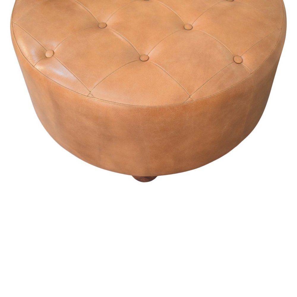 32" Brown Genuine Leather Tufted Round Cocktail Ottoman