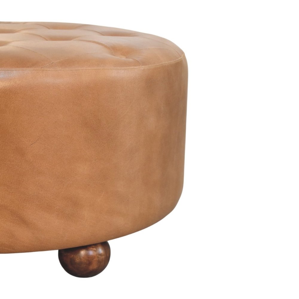 32" Brown Genuine Leather Tufted Round Cocktail Ottoman