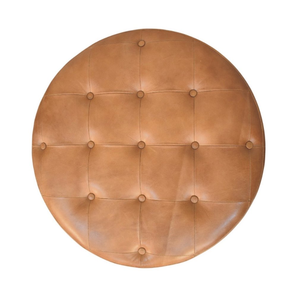 32" Brown Genuine Leather Tufted Round Cocktail Ottoman