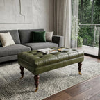 35" Green And Walnut Rolling Genuine Leather Tufted Ottoman
