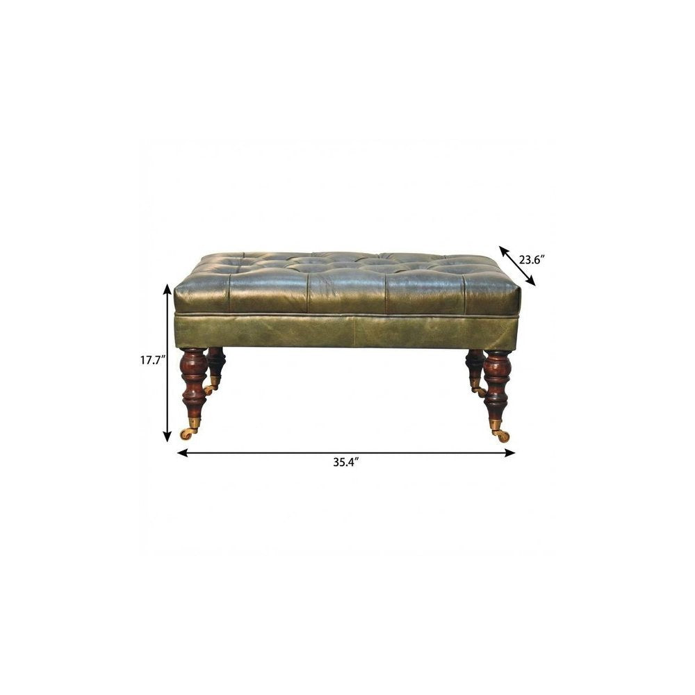 35" Green And Walnut Rolling Genuine Leather Tufted Ottoman
