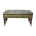 35" Green And Walnut Rolling Genuine Leather Tufted Ottoman