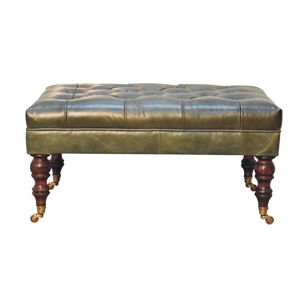 35" Green And Walnut Rolling Genuine Leather Tufted Ottoman