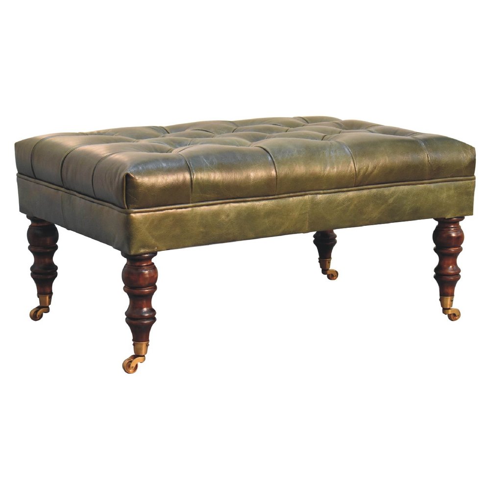 35" Green And Walnut Rolling Genuine Leather Tufted Ottoman