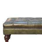 35" Green And Walnut Rolling Genuine Leather Tufted Ottoman