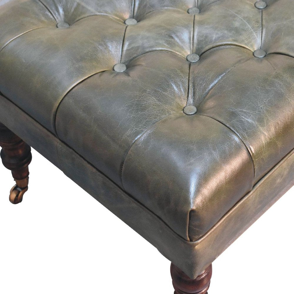 35" Green And Walnut Rolling Genuine Leather Tufted Ottoman
