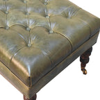 35" Green And Walnut Rolling Genuine Leather Tufted Ottoman